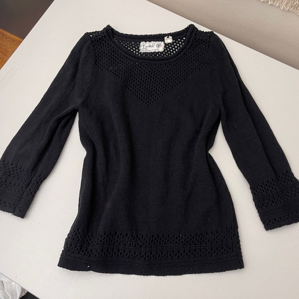 Anthropologie black knitted sweater three quart sleeve crochet details XSP